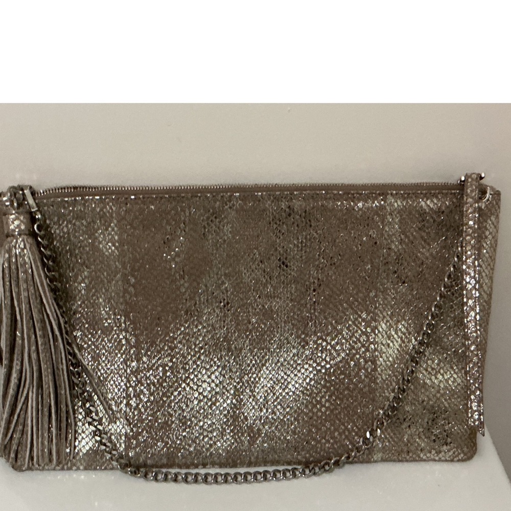 Helena de Natalio Metallic Gold Leather Shoulder Bag Silver Chain/Hardware15"x9"